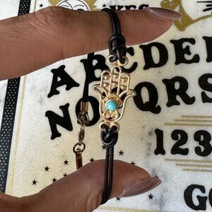 Hamsa Turquoise Stone Cutout Matte Gold Black Lobster Clasp Bracelet Hippie